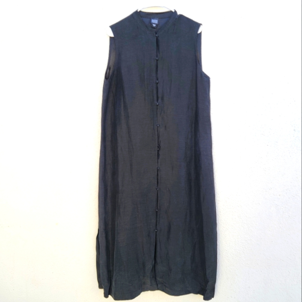 EILEEN FISHER - Black Kimono Style Linen and Silk Blend Maxi Dress